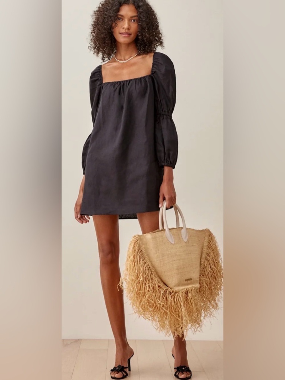 Reformation Jerri Linen Mini Dress Black Size L NWOT